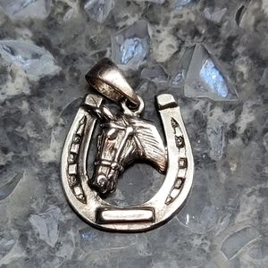 Horse head and lucky horseshoe sterling silver pendant 3g